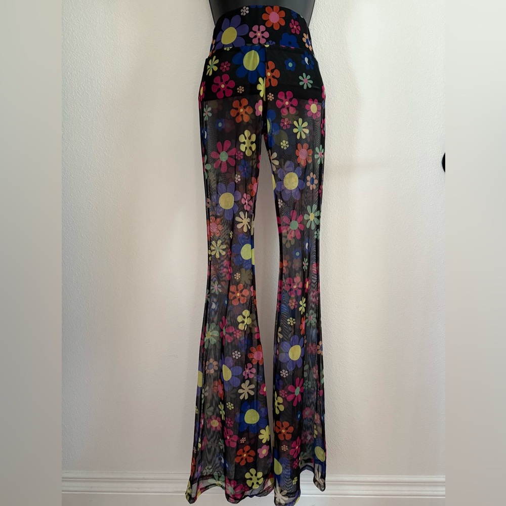 Vintage Inspired Black Floral Sheer Mesh Flare Pants Size Small